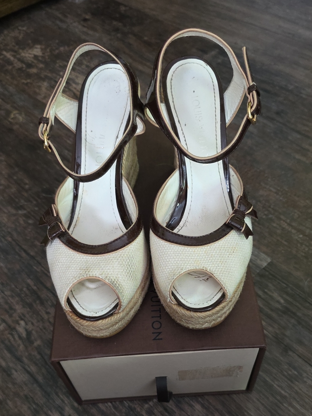 Louis Vuitton Cream and Brown Peep-Toe Wedge Sandals Size 38